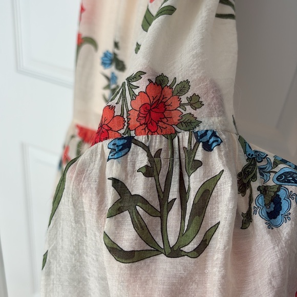 THML block print style floral flutter sleeve smocked midi dress in cream - Picture 7 of 9